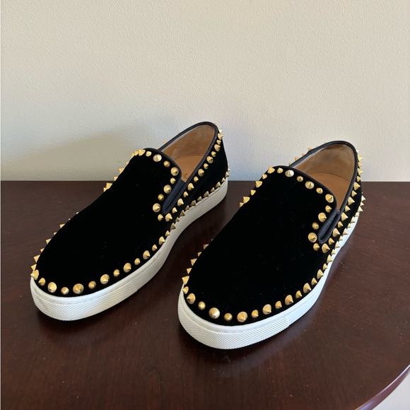 Christian Louboutin Pik Boat Sneakers in Black Velvet with Gold Spikes - Picture 6 of 12